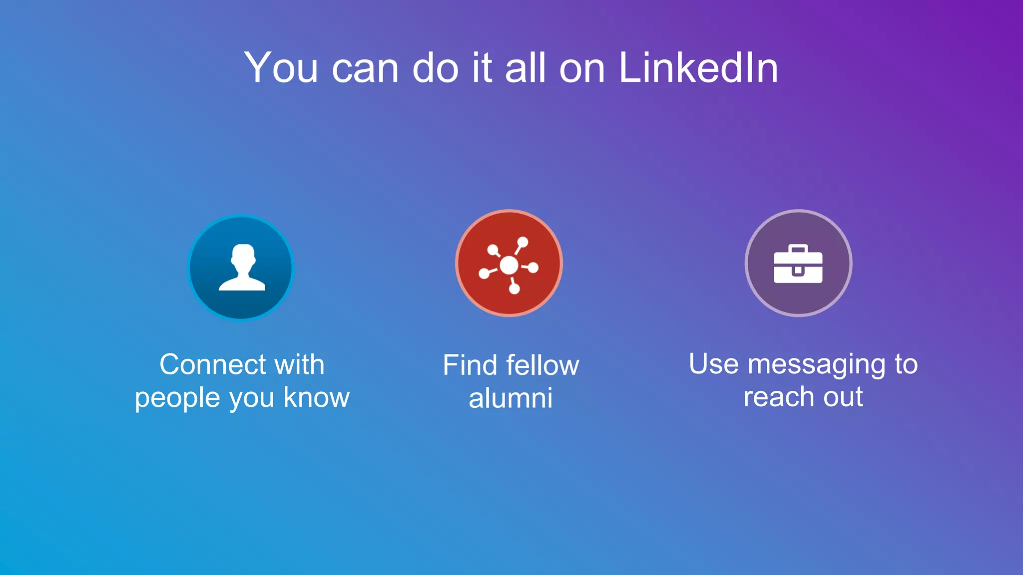 You can do it all on LinkedIn
Find fellow
alumni
Connect with
people you know
Use messaging to
reach out
 