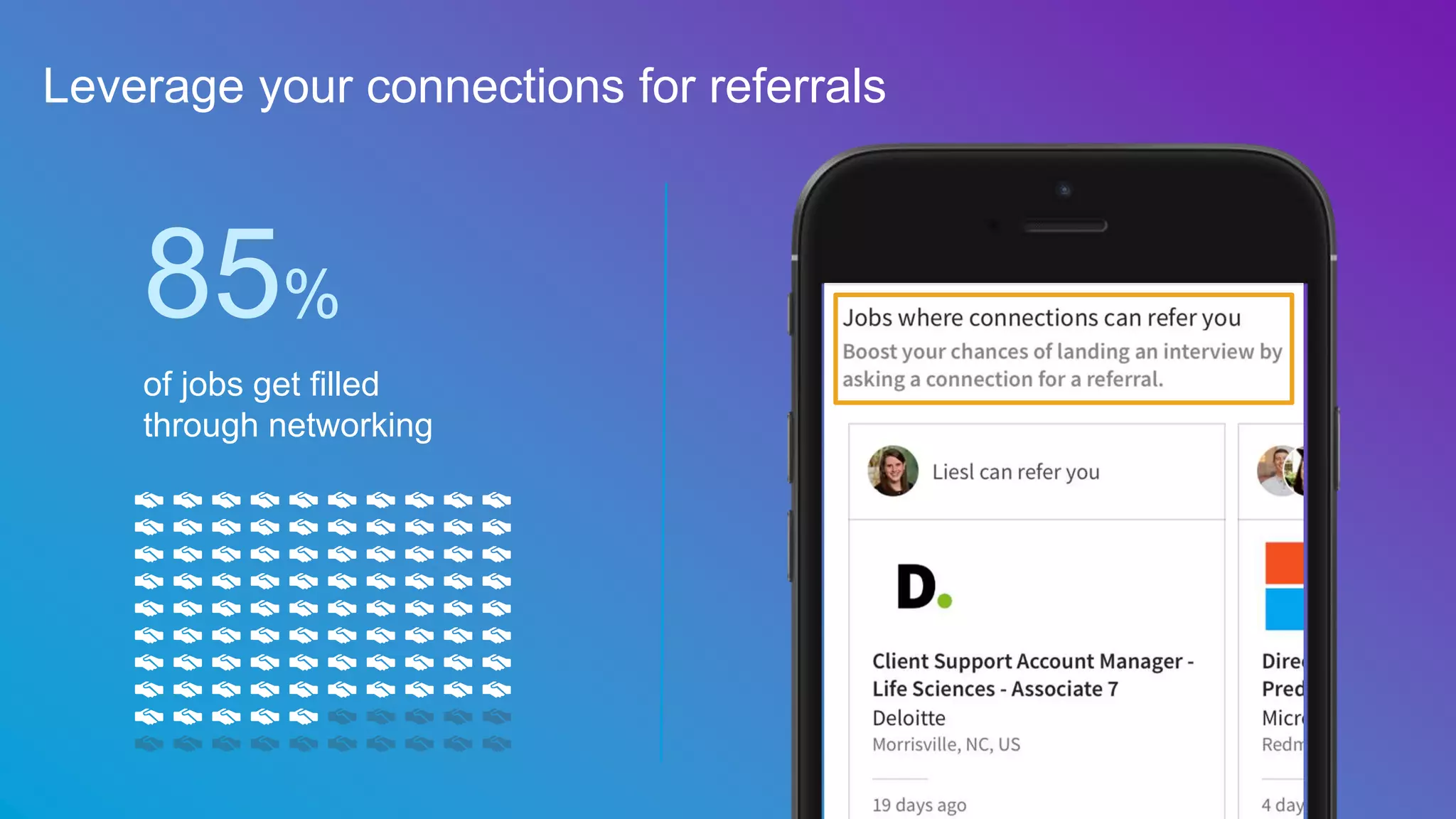85%
Leverage your connections for referrals
of jobs get filled
through networking
 