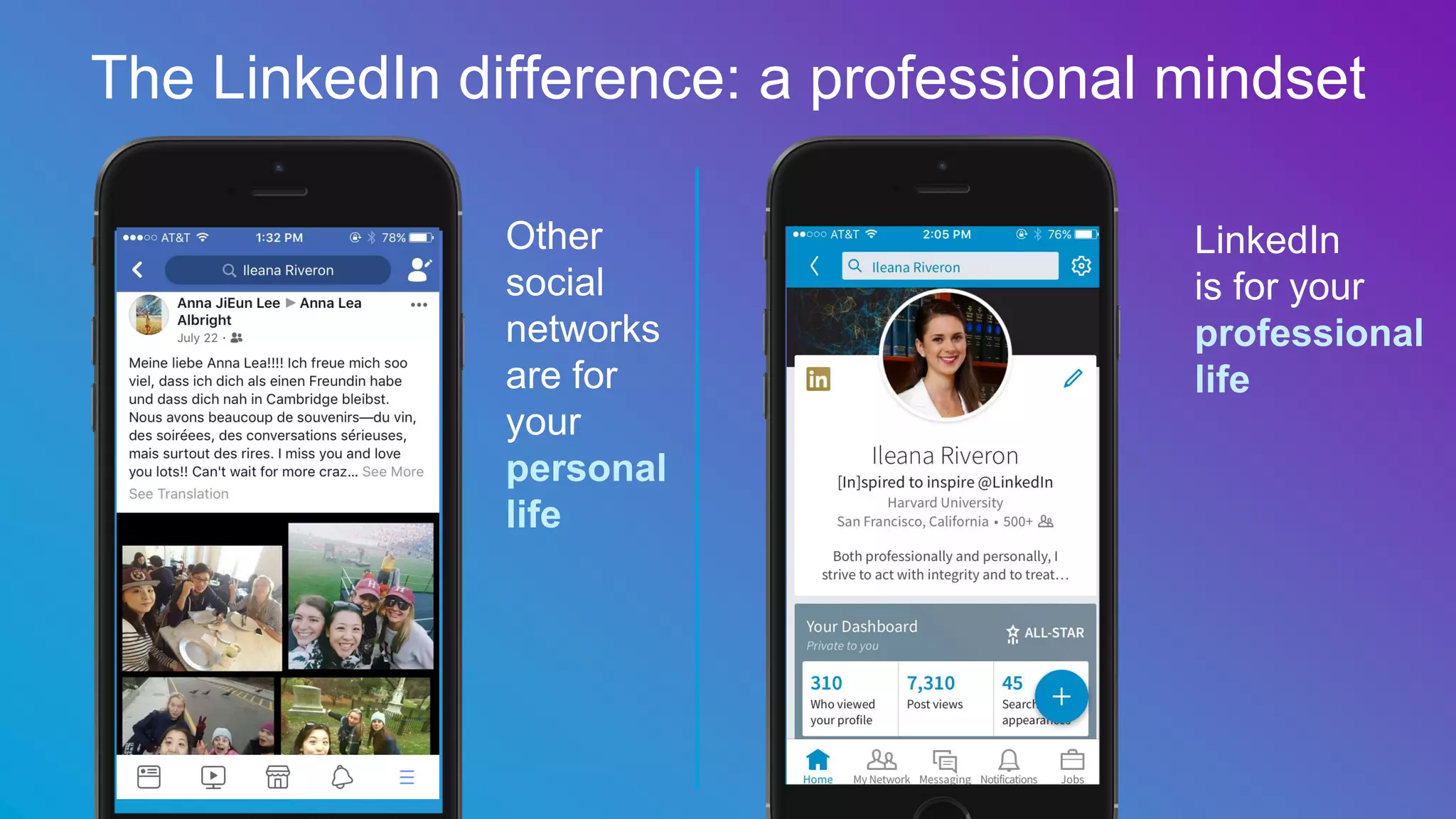 The LinkedIn difference: a professional mindset
Other
social
networks
are for
your
personal
life
LinkedIn
is for your
professional
life
 