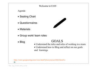 Welcome to E105

               Agenda

              • Seating Chart

              • Questionnaires

              • Materials

              • Group work/ team roles

                                                  GOALS
              • Blog
                                 • Understand the rules and roles of working in a team
                                 • Understand how to Blog and reflect on our goals 
                                 and  learnings


        http://www.geogreeting.com/view.html?yGovymywoUDyUkmrCa

Title: Aug 15­8:41 AM (1 of 8)