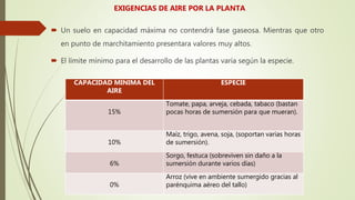 EXIGENCIAS DE AIRE POR LA PLANTA
 Un suelo en capacidad máxima no contendrá fase gaseosa. Mientras que otro
en punto de marchitamiento presentara valores muy altos.
 El límite mínimo para el desarrollo de las plantas varía según la especie.
CAPACIDAD MINIMA DEL
AIRE
ESPECIE
15%
Tomate, papa, arveja, cebada, tabaco (bastan
pocas horas de sumersión para que mueran).
10%
Maíz, trigo, avena, soja, (soportan varias horas
de sumersión).
6%
Sorgo, festuca (sobreviven sin daño a la
sumersión durante varios días)
0%
Arroz (vive en ambiente sumergido gracias al
parénquima aéreo del tallo)
 