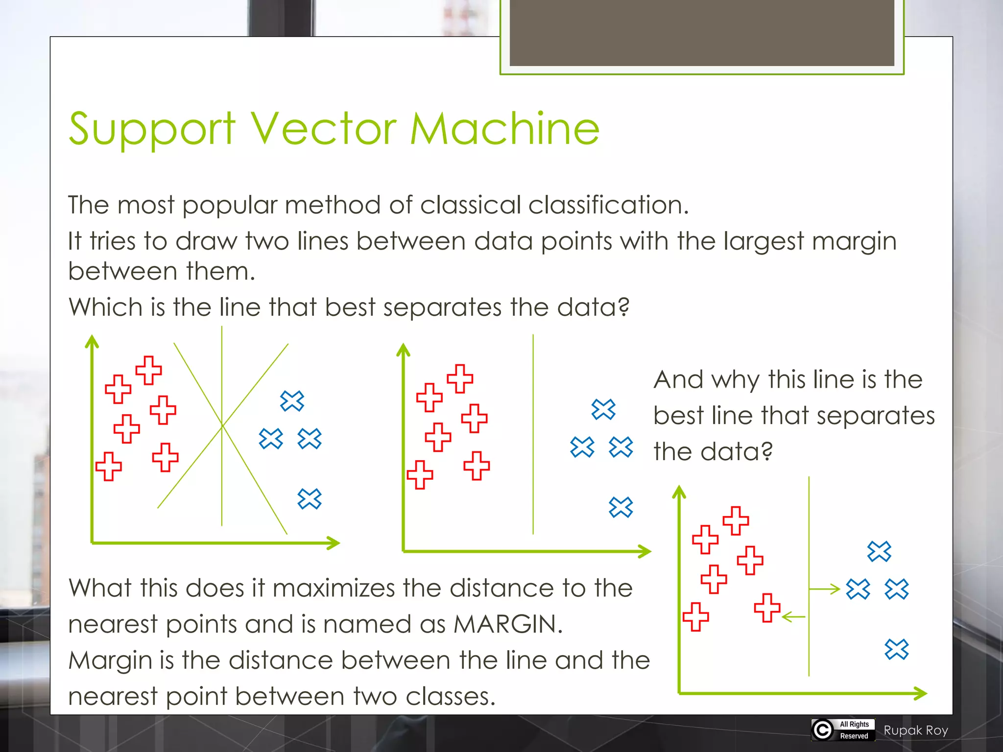 Support Vector Machine
The most popular method of classical classification.
It tries to draw two lines between data points with the largest margin
between them.
Which is the line that best separates the data?
And why this line is the
best line that separates
the data?
What this does it maximizes the distance to the
nearest points and is named as MARGIN.
Margin is the distance between the line and the
nearest point between two classes.
Rupak Roy
 