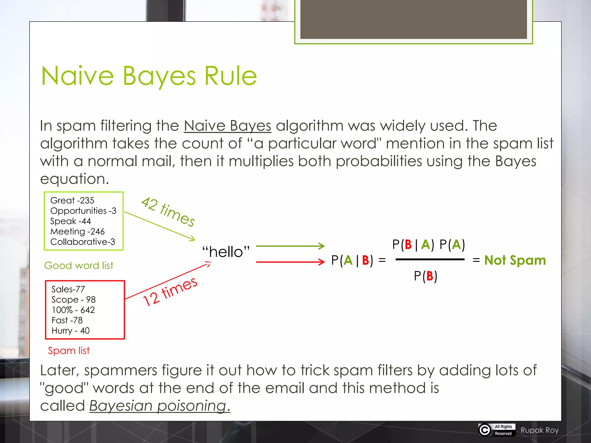 Naive Bayes Rule
In spam filtering the Naive Bayes algorithm was widely used. The
algorithm takes the count of “a particular word" mention in the spam list
with a normal mail, then it multiplies both probabilities using the Bayes
equation.
Good word list
Spam list
Later, spammers figure it out how to trick spam filters by adding lots of
"good" words at the end of the email and this method is
called Bayesian poisoning.
Rupak Roy
Great -235
Opportunities -3
Speak -44
Meeting -246
Collaborative-3
Sales-77
Scope - 98
100% - 642
Fast -78
Hurry - 40
“hello”
P(B|A) P(A)
P(A|B) = = Not Spam
P(B)
 