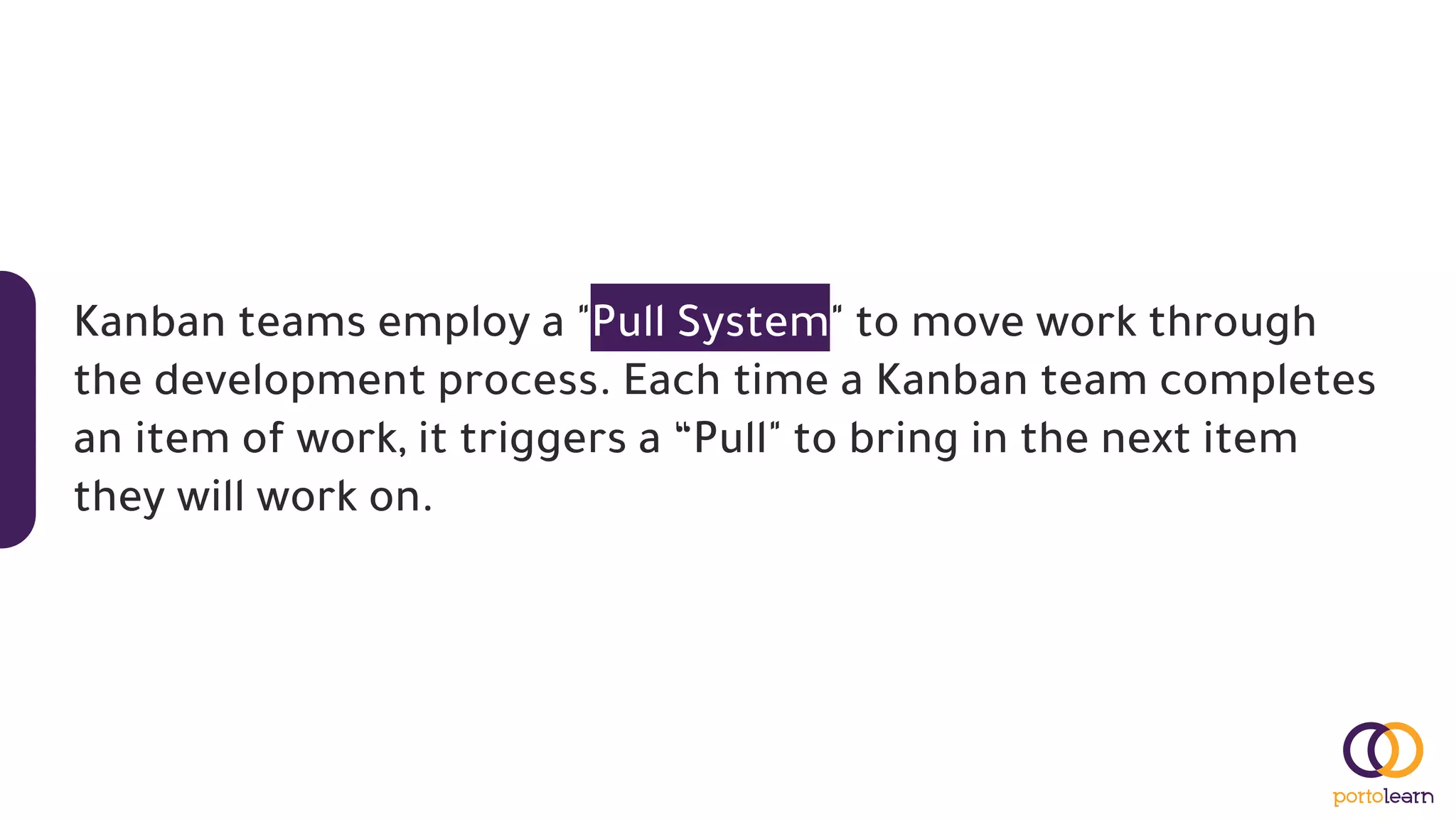 Kanban teams employ a "Pull System" to move work through
the development process. Each time a Kanban team completes
an item of work, it triggers a “Pull" to bring in the next item
they will work on.
 