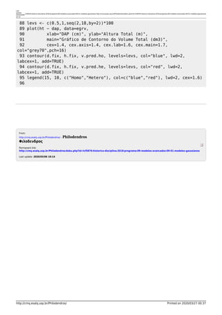 Last
update:
2020/03/06
10:14
lcf5876:historico-disciplina:2018:programa:09-modelos-avancados:09-01-modelos-gaussianos http://cmq.esalq.usp.br/Philodendros/doku.php?id=lcf5876:historico-disciplina:2018:programa:09-modelos-avancados:09-01-modelos-gaussianos
http://cmq.esalq.usp.br/Philodendros/ Printed on 2020/03/27 00:37
88 levs <- c(0.5,1,seq(2,18,by=2))*100
89 plot(ht ~ dap, data=egrv,
90 xlab="DAP (cm)", ylab="Altura Total (m)",
91 main="Gráfico de Contorno do Volume Total (dm3)",
92 cex=1.4, cex.axis=1.4, cex.lab=1.6, cex.main=1.7,
col="grey70",pch=16)
93 contour(d.fix, h.fix, v.pred.ho, levels=levs, col="blue", lwd=2,
labcex=1, add=TRUE)
94 contour(d.fix, h.fix, v.pred.he, levels=levs, col="red", lwd=2,
labcex=1, add=TRUE)
95 legend(15, 10, c("Homo","Hetero"), col=c("blue","red"), lwd=2, cex=1.6)
96
From:
http://cmq.esalq.usp.br/Philodendros/ - Philodendros
Φιλοδενδρος
Permanent link:
http://cmq.esalq.usp.br/Philodendros/doku.php?id=lcf5876:historico-disciplina:2018:programa:09-modelos-avancados:09-01-modelos-gaussianos
Last update: 2020/03/06 10:14
 