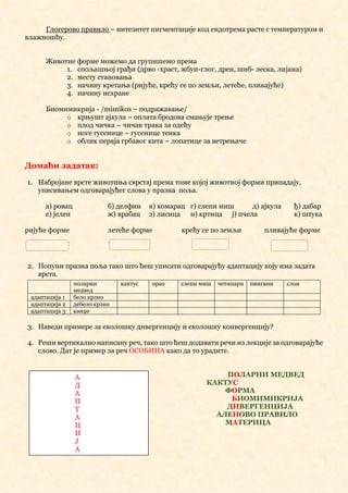 Глогерово правило – интезитет пигментације код ендотрема расте с температуром и
влажношћу.
Животне форме можемо да групишемо према
1. спољашњој грађи (дрво -храст, жбун-глог, дрен, шиб- леска, лијана)
2. месту становања
3. начину кретања (ријуће, крећу се по земљи, летеће, пливајуће)
4. начину исхране
Биомимикрија - /mimikos – подражавање/
o крњушт ајкула – оплата бродова смањује трење
o плод чичка – чичак трака за одећу
o ноге гусенице – гусенице тенка
o облик пераја грбавог кита – лопатице за ветрењаче
Домаћи задатак:
1. Набројане врсте животиња сврстај према томе којој животној форми припадају,
уписивањем одговарајућег слова у празна поља.
а) ровац б) делфин в) комарац г) слепи миш д) ајкула ђ) дабар
е) јелен ж) врабац з) лисица и) кртица ј) пчела к) штука
ријуће форме летеће форме крећу се по земљи пливајуће форме
2. Попуни празна поља тако што ћеш уписати одговарајућу адаптацију коју има задата
врста.
3. Наведи примере за еколошку дивергенцију и еколошку конвергенцију?
4. Реши вертикално написану реч, тако што ћеш додавати речи из лекције за одговарајуће
слово. Дат је пример за реч ОСОБИНА како да то урадите.
ПОЛАРНИ МЕДВЕД
КАКТУС
ФОРМА
БИОМИМИКРИЈА
ДИВЕРГЕНЦИЈА
АЛЕНОВО ПРАВИЛО
МАТЕРИЦА
поларни
медвед
кактус орао слепи миш четинари пингвин слон
адаптација 1 бело крзно
адаптација 2 дебело крзно
адаптација 3 канџе
А
Д
А
П
Т
А
Ц
И
Ј
А
 