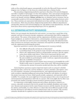 $IBQUFS

Assuming that you have a list of the project activities and their start and finish nodes,
follow these steps to create an AOA network diagram:
1. Find all of the activities that start at Node 1. Draw their finish nodes, and draw ar-
rows between Node 1 and each of the finish nodes. Put the activity letter or name
on the associated arrow. If you have a duration estimate, write it next to the ac-
tivity letter or name, as shown in Figure 6-2. For example, A = 1 means that the
duration of Activity A is one day, week, or other standard unit of time. Be sure to
put arrowheads on all arrows to signify the direction of the relationships.
2. Continue drawing the network diagram, working from left to right. Look for
bursts and merges. Bursts occur when two or more activities follow a single
node. A merge occurs when two or more nodes precede a single node. For ex-
ample, in Figure 6-2, Node 1 is a burst because it goes into Nodes 2, 3, and 4.
Node 5 is a merge preceded by Nodes 2 and 3.
3. Continue drawing the AOA network diagram until all activities are included.
4. As a rule of thumb, all arrowheads should face toward the right, and no ar-
rows should cross on an AOA network diagram. You may need to redraw the
diagram to make it look presentable.
Even though AOA or ADM network diagrams are generally easy to understand and
create, a different method is more commonly used: the precedence diagramming method.
The precedence diagramming method (PDM) is a network diagramming technique in
which boxes represent activities. It is particularly useful for visualizing certain types of
time relationships.
Figure 6-3 illustrates the types of dependencies that can occur among project activities
based on a Microsoft Project help screen. After you determine the reason for a dependency
between activities (mandatory, discretionary, or external), you must determine the type of
6TFEXJUIQFSNJTTJPOGSPN.JDSPTPGU$PSQPSBUJPO
FIGURE 6-3 5BTLEFQFOEFODZUZQFT
The nature of the relationship between two linked tasks. You link tasks by defining a
dependency between their finish and start dates. For example, the “Contact caterers”
task must finish before the start of the “Determine menus” task. There are four kinds
of task dependencies in Microsoft Project.
Finish-to-start (FS) Task (B) cannot start until task (A)
finishes.
Task (B) cannot start until task (A)
starts.
Task (B) cannot finish until task (A)
finishes.
Task (B) cannot finish until task (A)
starts.
Task dependencies
Task dependency Example Description
Start-to-start (SS)
Finish-to-finish (FF)
Start-to-finish (SF)
A
B
A
B
A
B
A
B
Copyright 2016 Cengage Learning. All Rights Reserved. May not be copied, scanned, or duplicated, in whole or in part. Due to electronic rights, some third party content may be suppressed from the eBook and/or eChapter(s).
Editorial review has deemed that any suppressed content does not materially affect the overall learning experience. Cengage Learning reserves the right to remove additional content at any time if subsequent rights restrictions require it.
 