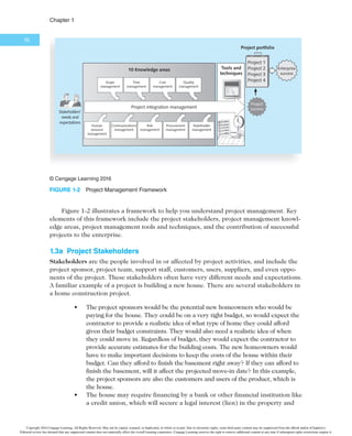$IBQUFS

Figure 1-2 illustrates a framework to help you understand project management. Key
elements of this framework include the project stakeholders, project management knowl-
edge areas, project management tools and techniques, and the contribution of successful
projects to the enterprise.
10 Knowledge areas Tools and
techniques
Project 1
Project 2
Project 3
Project 4
Project portfolio
Enterprise
success
Stakeholders’
needs and
expectations
Time
management
Cost
management
Quality
management
Scope
management
Human
resource
management
Communications
management
Risk
management
Procurement
management
Stakeholder
management
Project
success
Project integration management
¥$FOHBHF-FBSOJOH
FIGURE 1-2 1SPKFDU.BOBHFNFOU'SBNFXPSL
1.3a Project Stakeholders
Stakeholders are the people involved in or affected by project activities, and include the
project sponsor, project team, support staff, customers, users, suppliers, and even oppo-
nents of the project. These stakeholders often have very different needs and expectations.
A familiar example of a project is building a new house. There are several stakeholders in
a home construction project.
t The project sponsors would be the potential new homeowners who would be
paying for the house. They could be on a very tight budget, so would expect the
contractor to provide a realistic idea of what type of home they could afford
given their budget constraints. They would also need a realistic idea of when
they could move in. Regardless of budget, they would expect the contractor to
provide accurate estimates for the building costs. The new homeowners would
have to make important decisions to keep the costs of the house within their
budget. Can they afford to finish the basement right away? If they can afford to
finish the basement, will it affect the projected move-in date? In this example,
the project sponsors are also the customers and users of the product, which is
the house.
t The house may require financing by a bank or other financial institution like
a credit union, which will secure a legal interest (lien) in the property and
Copyright 2016 Cengage Learning. All Rights Reserved. May not be copied, scanned, or duplicated, in whole or in part. Due to electronic rights, some third party content may be suppressed from the eBook and/or eChapter(s).
Editorial review has deemed that any suppressed content does not materially affect the overall learning experience. Cengage Learning reserves the right to remove additional content at any time if subsequent rights restrictions require it.
 