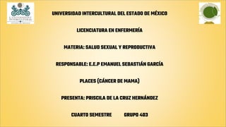 UNIVERSIDAD INTERCULTURAL DEL ESTADO DE MÉXICO
LICENCIATURA EN ENFERMERÍA
MATERIA: SALUD SEXUAL Y REPRODUCTIVA
RESPONSABLE: E.E.P EMANUEL SEBASTIÁN GARCÍA
PLACES (CÁNCER DE MAMA)
PRESENTA: PRISCILA DE LA CRUZ HERNÁNDEZ
CUARTO SEMESTRE GRUPO 403
 