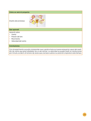 29
Cómo se verá mi proyecto:
Diseño del prototipo
Qué aprendí:
Aprendí sobre:
•	 Viento
•	 Presión del aire
•	 Movimiento
•	 Velocidad del viento
Conclusiones:
Con el experimento se pudo comprender que cuando el aire se mueve empuja los vasos del medi-
dor de viento que giran alrededor de un eje central. La velocidad se puede medir en revoluciones
por minuto, es decir, el número de veces que una taza vuelve a su posición original en este tiempo.
 