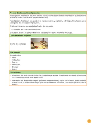 31
Proceso de elaboración del proyecto:
Investigación. Realiza un resumen en una o dos páginas sobre toda la información que recabaste
acerca de cómo construir un elevador hidráulico.
Modelización. Realiza un bosquejo de la representación y explica tu estrategia. Resultados. Lleva
un registro del progreso del proyecto.
Analiza e interpreta los resultados finales del proyecto.
Conclusiones. Escribe tus conclusiones.
Evaluación. Evalúa tu comportamiento y desempeño como miembro del grupo.
Cómo se verá mi proyecto:
Diseño del prototipo
Qué aprendí:
Aprendí sobre:
•	 Peso
•	 Hidráulica
•	 Fuerza
•	 Intensidad
•	 Empuje
•	 Física
Conclusiones:
•	 Por medio del principio de Pascal fue posible llegar a crear un elevador hidráulico que cumple
con los requisitos que esta ley estipula.
•	 Por medio de materiales simples podemos experimentar y jugar con la física, descubriendo
nuevas cosas, o entendiendo mejor y de una manera más didáctica, conceptos que esta ciencia
abarca.
 