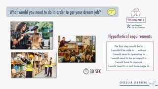 What would you need to do in order to get your dream job?
STUDENT


B
SPEAKING PART 2


1 min long turn


+ 30 sec comment
30 SEC
The
fi
rst step would be to ...


I wouldn't be able to ... without ...


I would need to specialize in ...


I would need to be an expert in ...


I would have to improve ...


I would need to a vast knowledge of ...
Hypothetical requirements
 