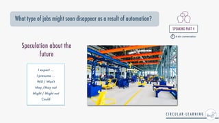 What type of jobs might soon disappear as a result of automation?
SPEAKING PART 4


4 min conversation
I expect ...


I presume ...


Will / Won't


May /May not


Might / Might not


Could
Speculation about the
future
 