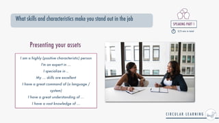 SPEAKING PART 1


2/3 min in total
What skills and characteristics make you stand out in the job
I am a highly (positive characteristic) person


I'm an expert in ...


I specialize in ..


My ... skills are excellent


I have a great command of (a language /
system)


I have a great understanding of ...


I have a vast knowledge of ...
Presenting your assets
 