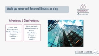 SPEAKING PART 1


2/3 min in total
Would you rather work for a small business or a big
￼
On one hand ...


Another bene
fi
t is ... .


A further advantage is ...


Moreover ...


In addition ...


Finally ...
On the one hand ...


Another drawback is ...


However ...


Nevertheless ...


Moreover ...


In addition...


Finally ...
Advantages & Disadvantages:
 