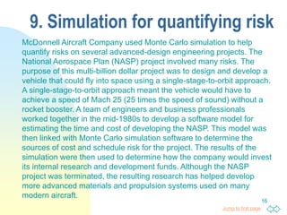 Jump to first page
16
9. Simulation for quantifying risk
McDonnell Aircraft Company used Monte Carlo simulation to help
quantify risks on several advanced-design engineering projects. The
National Aerospace Plan (NASP) project involved many risks. The
purpose of this multi-billion dollar project was to design and develop a
vehicle that could fly into space using a single-stage-to-orbit approach.
A single-stage-to-orbit approach meant the vehicle would have to
achieve a speed of Mach 25 (25 times the speed of sound) without a
rocket booster. A team of engineers and business professionals
worked together in the mid-1980s to develop a software model for
estimating the time and cost of developing the NASP. This model was
then linked with Monte Carlo simulation software to determine the
sources of cost and schedule risk for the project. The results of the
simulation were then used to determine how the company would invest
its internal research and development funds. Although the NASP
project was terminated, the resulting research has helped develop
more advanced materials and propulsion systems used on many
modern aircraft.
 