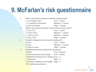 Jump to first page
7
9. McFarlan’s risk questionnaire
1. What is the project estimate in calendar (elapsed) time?
( ) 12 months or less Low = 1 point
( ) 13 months to 24 months Medium = 2 points
( ) Over 24 months High = 3 points
2. What is the estimated number of person days for the system?
( ) 12 to 375 Low = 1 point
( ) 375 to 1875 Medium = 2 points
( ) 1875 to 3750 Medium = 3 points
( ) Over 3750 High = 4 points
3. Number of departments involved (excluding IT)
( ) One Low = 1 point
( ) Two Medium = 2 points
( ) Three or more High = 3 points
4. Is additional hardware required for the project?
( ) None Low = 0 points
( ) Central processor type change Low = 1 point
( ) Peripheral/storage device changes Low = 1
( ) Terminals Med = 2
( ) Change of platform, for example High = 3
PCs replacing mainframes
 