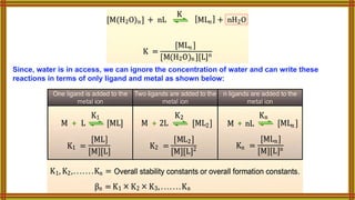 Since, water is in access, we can ignore the concentration of water and can write these
reactions in terms of only ligand and metal as shown below:
 