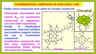 COORDINATION COMPOUDS IN OUR DAILY LIFE
• Earlier, these compounds were called as complex compounds.
• Chlorophyll, haemoglobin and
vitamin B12 are coordination
compounds of magnesium,
iron and cobalt respectively.
• Variety of metallurgical
processes, industrial catalysts
and analytical reagents involve
the use of coordination
compounds.
• Coordination compounds also
find many applications in
electroplating, textile dyeing
and medicinal chemistry.
vitamin B12
haemoglobin
 