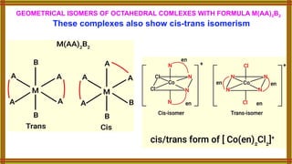 GEOMETRICAL ISOMERS OF OCTAHEDRAL COMLEXES WITH FORMULA M(AA)2B2
These complexes also show cis-trans isomerism
 