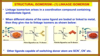 STRUCTURAL ISOMERISM:- (1) LINKAGE ISOMERISM
• Linkage isomerism arises in a coordination compound containing
ambidentate ligand.
• When different atoms of the same ligand are boded or linked to metal,
then they give rise to linkage isomers as shown below:
• Other ligands capable of switching donor atom are SCN-
, CN-
etc.
 