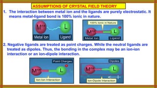 1. The interaction between metal ion and the ligands are purely electrostatic. It
means metal-ligand bond is 100% ionic in nature.
2. Negative ligands are treated as point charges. While the neutral ligands are
treated as dipoles. Thus, the bonding in the complex may be an ion-ion
interaction or an ion-dipole interaction.
ASSUMPTIONS OF CRYSTAL FIELD THEORY
 