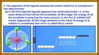 2. The approach of the ligands towards the central metal ion is considered a
two step process:
(a) In the first step the ligands approach the metal spherically. i.e. at the
same distance from all the five d-orbitals. At this stage, the energy of all
the d-orbitals is raised by the same amount i.e. the five d- orbitals still
remain degenerate. At this stage whatever is the value of energy of d-
orbitals is considered zero and it is called Barry centre.
 