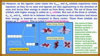 (b) However, as the ligands come closer the dx2-y2, and dz2 orbitals experience more
repulsion as they lie on axes and ligands are also approaching in the direction of
axes and hence their energy is raised up from Barry centre. The set of these two
orbitals with higher energy is called as eg orbitals. But rest of the three d- orbitals,
dxy, dyz and dzx , which lie in between the axes experience less repulsion and hence
their energy is lowered as compared to Barry centre. These three orbitals are
known as T2g orbitals. This is called Crystal Field Splitting.
(the names of these
orbitals come from
Mulliken symbols. T
stand for triple
degenerate orbital and e
stand for double
degenerate orbital.
Subscript g (origin:
German word gerade)
means – symmetric with
respect to inversion
center. Subscript 2 – anti-
symmetric with respect
to perpendicular C2 axis.)
 