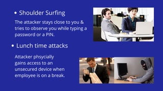 Shoulder Surfing
The attacker stays close to you &
tries to observe you while typing a
password or a PIN.
Lunch time attacks
Attacker phsycially
gains access to an
unsecured device when
employee is on a break.
 