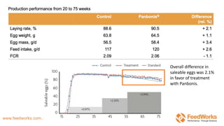 Overall difference in
saleable eggs was 2.1%
in favor of treatment
with Panbonis.
 
