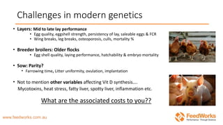 Challenges in modern genetics
• Layers: Mid to late lay performance
• Egg quality, eggshell strength, persistency of lay, saleable eggs & FCR
• Wing breaks, leg breaks, osteoporosis, culls, mortality %
• Breeder broilers: Older flocks
• Egg shell quality, laying performance, hatchability & embryo mortality
• Sow: Parity?
• Farrowing time, Litter uniformity, ovulation, implantation
• Not to mention other variables affecting Vit D synthesis….
Mycotoxins, heat stress, fatty liver, spotty liver, inflammation etc.
What are the associated costs to you??
 