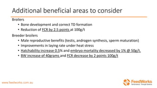 Additional beneficial areas to consider
Broilers
• Bone development and correct TD formation
• Reduction of FCR by 2.5 points at 100g/t
Breeder broilers
• Male reproductive benefits (testis, androgen synthesis, sperm maturation)
• Improvements in laying rate under heat stress
• Hatchability increase 0.5% and embryo mortality decreased by 1% @ 50g/t.
• BW increase of 40grams and FCR decrease by 2 points 100g/t
 