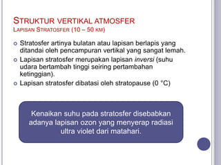 STRUKTUR VERTIKAL ATMOSFER
LAPISAN STRATOSFER (10 – 50 KM)
 Stratosfer artinya bulatan atau lapisan berlapis yang
ditandai oleh pencampuran vertikal yang sangat lemah.
 Lapisan stratosfer merupakan lapisan inversi (suhu
udara bertambah tinggi seiring pertambahan
ketinggian).
 Lapisan stratosfer dibatasi oleh stratopause (0 °C)
Kenaikan suhu pada stratosfer disebabkan
adanya lapisan ozon yang menyerap radiasi
ultra violet dari matahari.
 