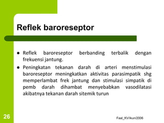 Reflek baroreseptor
 Reflek baroreseptor berbanding terbalik dengan
frekuensi jantung.
 Peningkatan tekanan darah di arteri menstimulasi
baroreseptor meningkatkan aktivitas parasimpatik shg
memperlambat frek jantung dan stimulasi simpatik di
pemb darah dihambat menyebabkan vasodilatasi
akibatnya tekanan darah sitemik turun
Faal_KV/ikun/2006
26
 