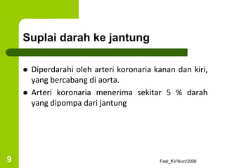 Suplai darah ke jantung
 Diperdarahi oleh arteri koronaria kanan dan kiri,
yang bercabang di aorta.
 Arteri koronaria menerima sekitar 5 % darah
yang dipompa dari jantung
Faal_KV/ikun/2006
9
 