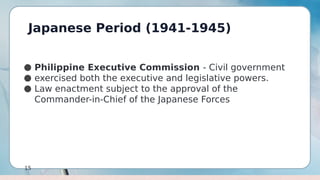 Japanese Period (1941-1945)
15
● Philippine Executive Commission - Civil government
● exercised both the executive and legislative powers.
● Law enactment subject to the approval of the
Commander-in-Chief of the Japanese Forces
 