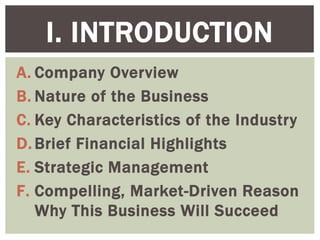 I. INTRODUCTION
A. Company Overview
B. Nature of the Business
C. Key Characteristics of the Industry
D. Brief Financial Highlights
E. Strategic Management
F. Compelling, Market-Driven Reason
Why This Business Will Succeed
 
