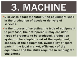 3. MACHINE
Discusses about manufacturing equipment used
in the production of goods or delivery of
services.
In the process of selecting the type of equipment
to purchase, the entrepreneur may consider
types of products to be produced, production
system to be adopted, cost of the equipment,
capacity of the equipment, availability of spare
parts in the local market, efficiency of the
equipment and the skills required in running the
equipment
 