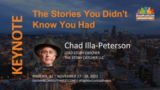 KEYNOTE
Chad Illa-Peterson
LEAD STORY CATCHER
THE STORY CATCHER LLC
The Stories You Didn't
Know You Had
PHOENIX, AZ ~ NOVEMBER 17 - 18, 2022
DIGIMARCONSOUTHWEST.COM | #DigiMarConSouthwest
 