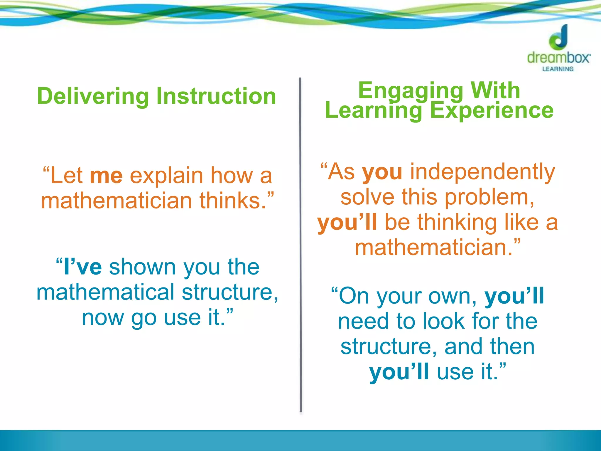Delivering Instruction 
“Let me explain how a 
mathematician thinks.” 
“I’ve shown you the 
mathematical structure, 
now go use it.” 
Engaging With 
Learning Experience 
“As you independently 
solve this problem, 
you’ll be thinking like a 
mathematician.” 
“On your own, you’ll 
need to look for the 
structure, and then 
you’ll use it.” 
 