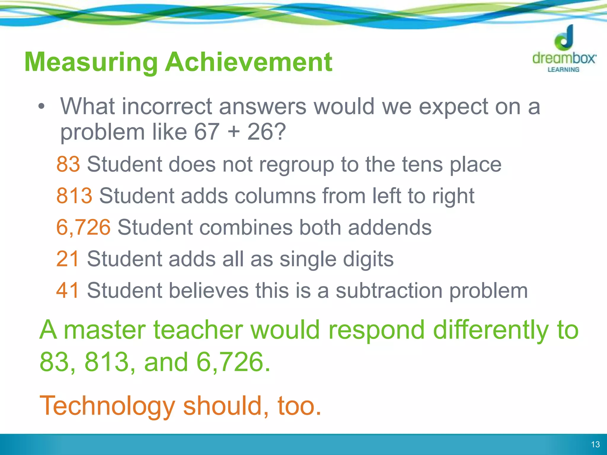 Measuring Achievement 
• What incorrect answers would we expect on a 
problem like 67 + 26? 
83 Student does not regroup to the tens place 
813 Student adds columns from left to right 
6,726 Student combines both addends 
21 Student adds all as single digits 
41 Student believes this is a subtraction problem 
13 
A master teacher would respond differently to 
83, 813, and 6,726. 
Technology should, too. 
 