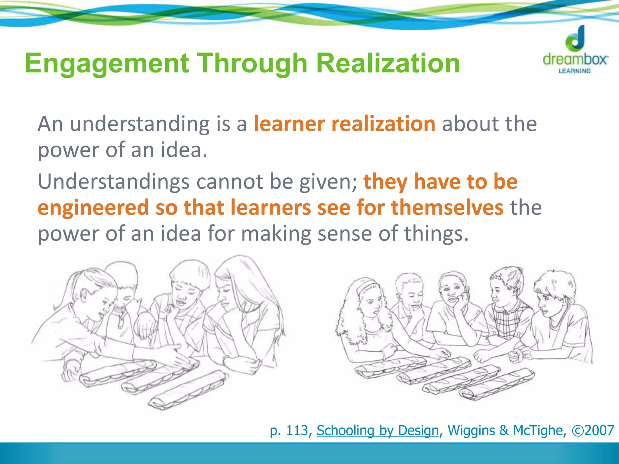 Engagement Through Realization 
An understanding is a learner realization about the 
power of an idea. 
Understandings cannot be given; they have to be 
engineered so that learners see for themselves the 
power of an idea for making sense of things. 
p. 113, Schooling by Design, Wiggins & McTighe, ©2007 
 