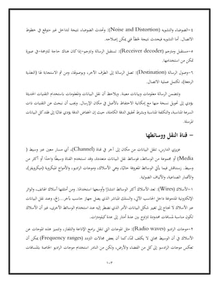 103
4
-
( ‫التشويه‬‫و‬ ‫الضوضاء‬
Noise and Distortion
‫ن‬ ‫الضوضاء‬ ‫وحتدث‬ :)
‫لتدا‬ ‫تيجة‬
‫خطوط‬ ‫يف‬ ‫متوقع‬ ‫غري‬ ‫خل‬
.‫إصالحه‬ ‫ميكن‬ ‫فين‬ ‫خلطأ‬ ‫نتيجة‬ ‫فيحدث‬ ‫التشويه‬ ‫أما‬ .‫االتصال‬
5
-
( ‫ومرتجم‬ ‫مستقبل‬
Receiver decoder
‫وترتجم‬ ‫الرسالة‬ ‫تستقبل‬ :)
-
‫للرتمجة‬ ‫حاجة‬ ‫هناك‬ ‫كان‬‫إذا‬
-
‫صورة‬ ‫يف‬
.‫استخدامها‬ ‫من‬ ‫متكن‬
6
-
( ‫الرسالة‬ ‫وصول‬
Destination
‫و‬ ،‫اآلخر‬ ‫الطرف‬ ‫إىل‬ ‫الرسالة‬ ‫تصل‬ :)
،‫بوصوهلا‬
‫(التغذية‬ ‫هلا‬ ‫االستجابة‬ ‫مث‬ ‫ومن‬
،)‫الرجعة‬
.‫االتصال‬ ‫عملية‬ ‫تكتمل‬
‫احلديثة‬ ‫التقنيات‬ ‫ابستخدام‬ ‫املعلومات‬‫و‬ ‫البياانت‬ ‫نقل‬ ‫أن‬ ‫ويالحظ‬ .‫معينة‬ ‫وبياانت‬ ‫معلومات‬ ‫الرسالة‬ ‫وتتضمن‬
‫التق‬ ‫عن‬ ‫نبحث‬ ‫أن‬ ‫وجيب‬ .‫اإلرسال‬ ‫مكان‬ ‫يف‬ ‫ابألصل‬ ‫االحتفاظ‬ ‫إمكانية‬ ‫مع‬ ‫منها‬ ‫نسخة‬ ‫حتويل‬ ‫إىل‬ ‫يؤدي‬
‫ذات‬ ‫نيات‬
‫البياانت‬ ‫كل‬‫فقد‬ ‫إىل‬ ‫ا‬ً‫غالب‬ ‫يؤدي‬ ‫الدقة‬ ‫اخنفاض‬ ‫إن‬ ‫حيث‬ ،‫الكاملة‬ ‫الدقة‬ ‫حتقيق‬ ‫وبشرط‬ ‫املناسبة‬ ‫التكلفة‬‫و‬ ،‫املناسبة‬ ‫السرعة‬
.‫املرسلة‬
-
‫ووسائطها‬ ‫النقل‬ ‫قناة‬
( ‫قناة‬ ‫يف‬ ‫آخر‬ ‫إىل‬ ‫مكان‬ ‫من‬ ‫البياانت‬ ‫تنقل‬ ،‫الدارس‬ ‫يزي‬‫ز‬‫ع‬
Channel
( ‫وسيط‬ ‫عرب‬ ‫معني‬ ‫مسار‬ ‫أي‬ ،)
Media
‫الو‬ ‫من‬ ‫جمموعة‬ ‫أو‬ )
‫من‬ ‫أكثر‬ ‫أو‬ ‫ا‬ً
‫احد‬‫و‬ ‫ا‬ً‫ط‬‫وسي‬ ‫القناة‬ ‫تستخدم‬ ‫وقد‬ ،‫متعددة‬ ‫البياانت‬ ‫نقل‬ ‫فوسائط‬ ،‫سائط‬
،)‫(ميكرويفز‬ ‫امليكروية‬ ‫اج‬‫و‬‫األم‬‫و‬ ،‫اديو‬‫ر‬‫ال‬ ‫وموجات‬ ،‫األسالك‬ ‫وهي‬ ،‫ا‬ً‫حالي‬ ‫املعروفة‬ ‫الوسائط‬ ‫أييت‬ ‫فيما‬ ‫زسنناقش‬ .‫وسيط‬
،‫الصناعية‬ ‫األقمار‬‫و‬
‫و‬
.‫الضوئية‬ ‫األلياف‬
1
-
( ‫األسالك‬
Wires
‫أك‬ ‫األسالك‬ ‫تعد‬ :)
‫ائر‬‫و‬‫ال‬‫و‬ ،‫اهلاتف‬ ‫أسالك‬ ‫أمثلتها‬ ‫ومن‬ .‫ا‬ً
‫استخدام‬ ‫أوسعها‬‫و‬ ‫ا‬ً
‫انتشار‬ ‫الوسائط‬ ‫ثر‬
‫البياانت‬ ‫نقل‬ ‫وعند‬ ،‫إخل‬...‫آبخر‬ ‫حاسب‬ ‫جهاز‬ ‫يصل‬ ‫الذي‬ ‫املباشر‬ ‫السلك‬‫و‬ ،‫اآليل‬ ‫احلاسب‬ ‫داخل‬ ‫املدموغة‬ ‫اإللكرتونية‬
‫تغيري‬ ‫إىل‬ ‫حنتاج‬ ‫ال‬ ‫األسالك‬ ‫عرب‬
‫نضطر‬ ‫الذي‬ ‫األمر‬ ‫البياانت‬ ‫شكل‬
‫ال‬ ‫استخدام‬ ‫عند‬ ‫إليه‬
‫األسالك‬ ‫أن‬ ‫غري‬ ،‫األخرى‬ ‫وسائط‬
.‫ات‬‫رت‬‫كيلوم‬‫عدة‬ ‫إىل‬ ‫أمتار‬ ‫عدة‬ ‫بني‬ ‫اوح‬‫رت‬‫ت‬ ‫حمدودة‬ ‫ملسافات‬ ‫مناسبة‬ ‫تكون‬
2
-
( ‫اديو‬‫ر‬‫ال‬ ‫موجات‬
Radio waves
‫عن‬ ‫املوجات‬ ‫هذه‬ ‫وتتميز‬ ،‫التلفاز‬‫و‬ ‫اإلذاعة‬ ‫امج‬‫ر‬‫ب‬ ‫تنقل‬ ‫اليت‬ ‫املوجات‬ ‫مثل‬ :)
‫يف‬ ‫األسالك‬
‫ا‬ ‫جماالت‬ ‫بعض‬ ‫أن‬ ‫كما‬،‫ا‬ً‫مثن‬ ‫يكلف‬ ‫ال‬ ‫جماين‬ ‫الوسيط‬ ‫أن‬
( ‫لرتدد‬
Frequency ranges
‫أن‬ ‫ميكن‬ )
‫ابملسافات‬ ‫اخلاصة‬ ‫اديو‬‫ر‬‫ال‬ ‫موجات‬ ‫استخدام‬ ‫النادر‬ ‫من‬ ‫لكن‬‫و‬ ،‫األرض‬‫و‬ ‫الفضاء‬ ‫من‬ ‫كل‬‫إىل‬ ‫ادسو‬‫ر‬‫ال‬ ‫موجات‬ ‫تعكس‬
 