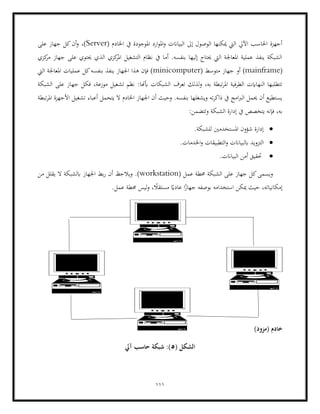 111
( ‫اخلادم‬ ‫يف‬ ‫املوجودة‬ ‫ارد‬‫و‬‫امل‬‫و‬ ‫البياانت‬ ‫إىل‬ ‫الوصول‬ ‫ميكنها‬ ‫اليت‬ ‫اآليل‬ ‫احلاسب‬ ‫أجهزة‬
Server
‫على‬ ‫جهاز‬ ‫كل‬‫أن‬‫و‬ ،)
‫كزي‬
‫مر‬ ‫جهاز‬ ‫على‬ ‫حيتوي‬ ‫الذي‬ ‫كزي‬
‫املر‬ ‫التشغيل‬ ‫نظام‬ ‫يف‬ ‫أما‬ .‫بنفسه‬ ‫إليها‬ ‫حيتاج‬ ‫اليت‬ ‫املعاجلة‬ ‫عملية‬ ‫ينفذ‬ ‫الشبكة‬
(
mainframe
‫أو‬ )
‫متوسط‬ ‫جهاز‬
(
minicomputer
‫اليت‬ ‫املعاجلة‬ ‫عمليات‬ ‫كل‬‫بنفسه‬ ‫ينفذ‬ ‫اجلهاز‬ ‫هذا‬ ‫فإن‬ )
‫الشبكة‬ ‫على‬ ‫جهاز‬ ‫فكل‬ ،‫موزعة‬ ‫تشغيل‬ ‫نظم‬ :‫أبهنا‬ ‫الشبكات‬ ‫تعرف‬ ‫لذلك‬‫و‬ ،‫به‬ ‫تبطة‬‫ر‬‫امل‬ ‫الطرفية‬ ‫النهاايت‬ ‫تتطلبها‬
‫يتحمل‬ ‫ال‬ ‫اخلادم‬ ‫اجلهاز‬ ‫أن‬ ‫وحيث‬ .‫بنفسه‬ ‫ويشغلها‬ ‫ته‬‫ر‬‫ذاك‬ ‫يف‬ ‫امج‬‫رب‬‫ال‬ ‫حيمل‬ ‫أن‬ ‫يستطيع‬
‫تشغي‬ ‫أعباء‬
‫تبطة‬‫ر‬‫امل‬ ‫األجهزة‬ ‫ل‬
:‫وتتضمن‬ ‫الشبكة‬ ‫إدارة‬ ‫يف‬ ‫يتخصص‬ ‫فإنه‬ ،‫به‬
•
.‫للشبكة‬ ‫املستخدمني‬ ‫شؤون‬ ‫إدارة‬
•
‫ا‬
.‫اخلدمات‬‫و‬ ‫التطبيقات‬‫و‬ ‫ابلبياانت‬ ‫لتزويد‬
•
.‫البياانت‬ ‫أمن‬ ‫حتقيق‬
( ‫عمل‬ ‫حمطة‬ ‫الشبكة‬ ‫على‬ ‫جهاز‬ ‫كل‬‫ويسمى‬
workstation
‫ويالجظ‬ .)
‫من‬ ‫يقلل‬ ‫ال‬ ‫ابلشبكة‬ ‫اجلهاز‬ ‫بط‬‫ر‬ ‫أن‬
‫ميكن‬ ‫حيث‬ ،‫إمكانياته‬
.‫عمل‬ ‫حمطة‬ ‫ليس‬‫و‬ ، ً
‫مستقال‬ ً
‫عاداي‬ ‫ا‬ً
‫جهاز‬ ‫بوصفه‬ ‫استخدامه‬
)‫(مزود‬ ‫خادم‬
( ‫الشكل‬
5
‫آيل‬ ‫حاسب‬ ‫شبكة‬ :)
 