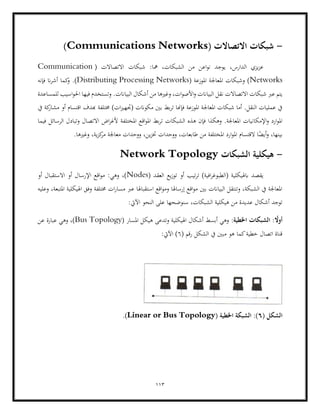 113
-
( ‫االتصاالت‬ ‫شبكات‬
Communications Networks
)
‫االتصاالت‬ ‫شبكات‬ :‫مها‬ ،‫الشبكات‬ ‫من‬ ‫اعن‬‫و‬‫ن‬ ‫يوجد‬ ،‫الدارس‬ ‫يزي‬‫ز‬‫ع‬
(
Communication
Networks
‫وشبكات‬ )
( ‫املوزعة‬ ‫املعاجلة‬
Distributing Processing Networks
.)
‫فإنه‬ ‫ان‬‫ر‬‫أش‬ ‫كما‬
‫و‬
‫نق‬ ‫االتصاالت‬ ‫شبكات‬ ‫عرب‬ ‫يتم‬
.‫البياانت‬ ‫أشكال‬ ‫من‬ ‫وغريها‬ ،‫ات‬‫و‬‫األص‬‫و‬ ‫البياانت‬ ‫ل‬
‫للمساعدة‬ ‫اسيب‬‫و‬‫احل‬ ‫فيها‬ ‫وتستخدم‬
‫خمتلفة‬ )‫ات‬‫ز‬‫(جتهي‬ ‫مكوانت‬ ‫بني‬ ‫بط‬‫ر‬‫ت‬ ‫فإهنا‬ ‫املوزعة‬ ‫املعاجلة‬ ‫شبكات‬ ‫أما‬ .‫النقل‬ ‫عمليات‬ ‫يف‬
‫يف‬ ‫كة‬
‫مشار‬ ‫أو‬ ‫اقتسام‬ ‫هبدف‬
‫ا‬ ‫اإلمكانيات‬‫و‬ ‫ارد‬‫و‬‫امل‬
‫الشبكات‬ ‫هذه‬ ‫فإن‬ ‫وهكذا‬ .‫ملعاجلة‬
‫املخت‬ ‫اقع‬‫و‬‫امل‬ ‫بط‬‫ر‬‫ت‬
‫فيما‬ ‫الرسائل‬ ‫وتبادل‬ ‫االتصال‬ ‫اض‬‫ر‬‫ألغ‬ ‫لفة‬
.‫وغريها‬ ،‫ية‬‫ز‬‫ك‬
‫مر‬ ‫معاجلة‬ ‫ووحدات‬ ،‫ين‬‫ز‬‫خت‬ ‫ووحدات‬ ،‫طابعات‬ ‫من‬ ‫املختلفة‬ ‫ارد‬‫و‬‫امل‬ ‫القتسام‬ ‫ا‬ً
‫أيض‬‫و‬ ،‫بينها‬
-
‫الشبكات‬ ‫هيكلية‬
Network Topology
( ‫العقد‬ ‫يع‬‫ز‬‫تو‬ ‫أو‬ ‫تيب‬‫ر‬‫ت‬ )‫افية‬‫ر‬‫(الطبوغ‬ ‫ابهليكلية‬ ‫يقصد‬
Nodes
‫االستقبا‬ ‫أو‬ ‫اإلرسال‬ ‫اقع‬‫و‬‫م‬ :‫وهي‬ ،)
‫أو‬ ‫ل‬
‫وعليه‬ ،‫املتبعة‬ ‫اهليكلية‬ ‫وفق‬ ‫خمتلفة‬ ‫ات‬‫ر‬‫مسا‬ ‫عرب‬ ‫استقباهلا‬ ‫اقع‬‫و‬‫وم‬ ‫إرساهلا‬ ‫اقع‬‫و‬‫م‬ ‫بني‬ ‫البياانت‬ ‫وتنتقل‬ ،‫الشبكة‬ ‫يف‬ ‫املعاجلة‬
،‫الشبكات‬ ‫هيكلية‬ ‫من‬ ‫عديدة‬ ‫أشكال‬ ‫توجد‬
:‫اآليت‬ ‫النحو‬ ‫على‬ ‫سنوضحها‬
:‫اخلطية‬ ‫الشبكات‬ : ً
‫أوال‬
( ‫املسار‬ ‫هيكل‬ ‫وتدعى‬ ‫اهليكلية‬ ‫أشكال‬ ‫أبسط‬ ‫وهي‬
Bus Topology
‫عن‬ ‫عبارة‬ ‫وهي‬ ،)
( ‫رقم‬ ‫الشكل‬ ‫يف‬ ‫مبني‬ ‫هو‬ ‫كما‬‫خطية‬ ‫اتصال‬ ‫قناة‬
6
:‫اآليت‬ )
( ‫الشكل‬
6
( ‫اخلطية‬ ‫الشبكة‬ :)
Linear or Bus Topology
.)
 