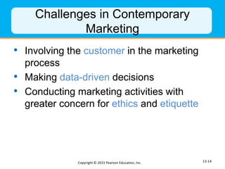 Challenges in Contemporary
Marketing
• Involving the customer in the marketing
process
• Making data-driven decisions
• Co...