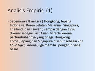 Analisis Empiris (1)
• Sebenarnya 8 negara ( Hongkong, Jepang
Indonesia, Korea Selatan,Malaysia , Singapura,
Thailand, dan...