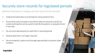 Securely store records for legislated periods
Medical information is deeply sensitive and must be secured
• Understand wha...
