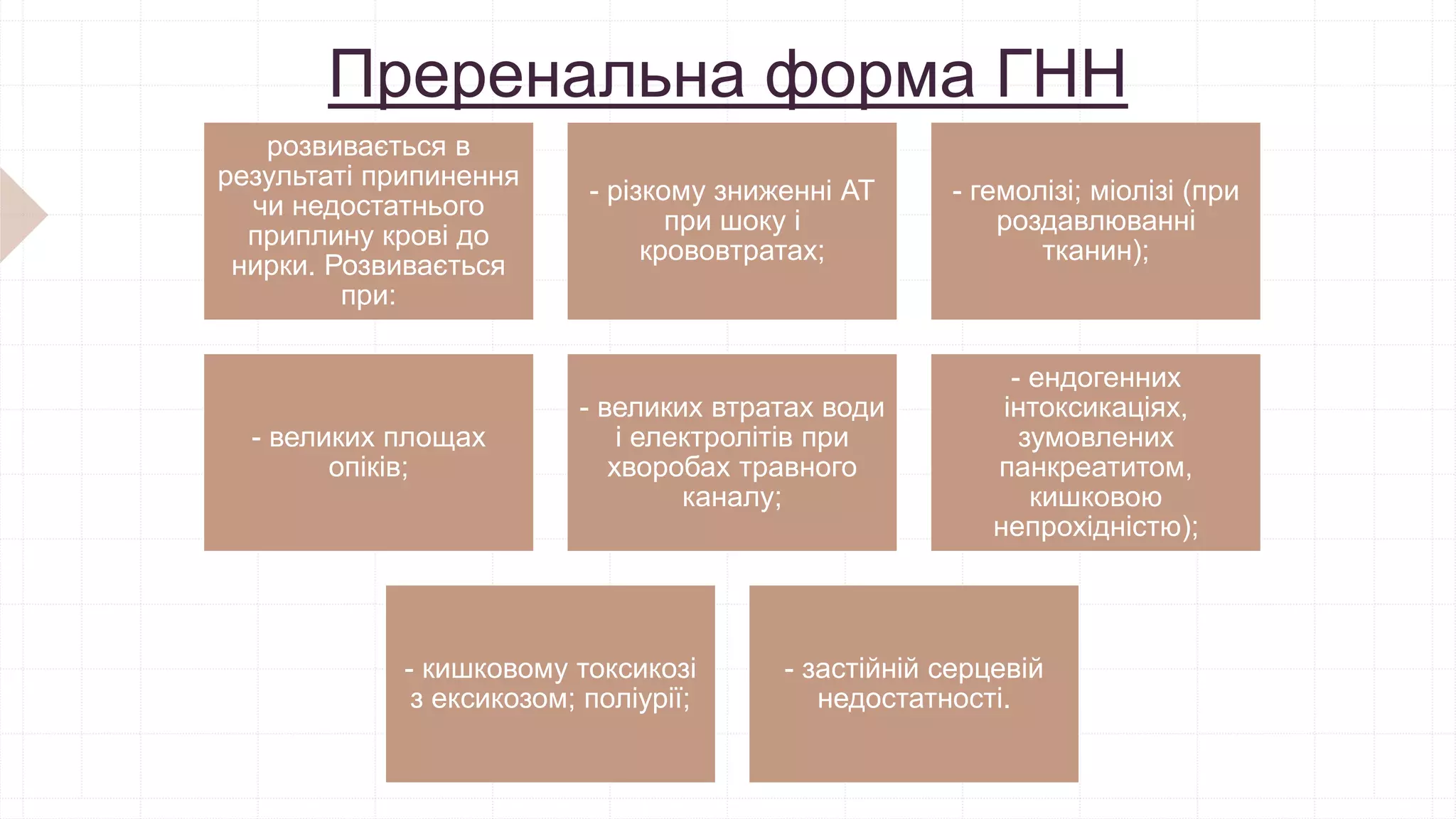 Преренальна форма ГНН
розвивається в
результаті припинення
чи недостатнього
приплину крові до
нирки. Розвивається
при:
- різкому зниженні АТ
при шоку і
крововтратах;
- гемолізі; міолізі (при
роздавлюванні
тканин);
- великих площах
опіків;
- великих втратах води
і електролітів при
хворобах травного
каналу;
- ендогенних
інтоксикаціях,
зумовлених
панкреатитом,
кишковою
непрохідністю);
- кишковому токсикозі
з ексикозом; поліурії;
- застійній серцевій
недостатності.
 