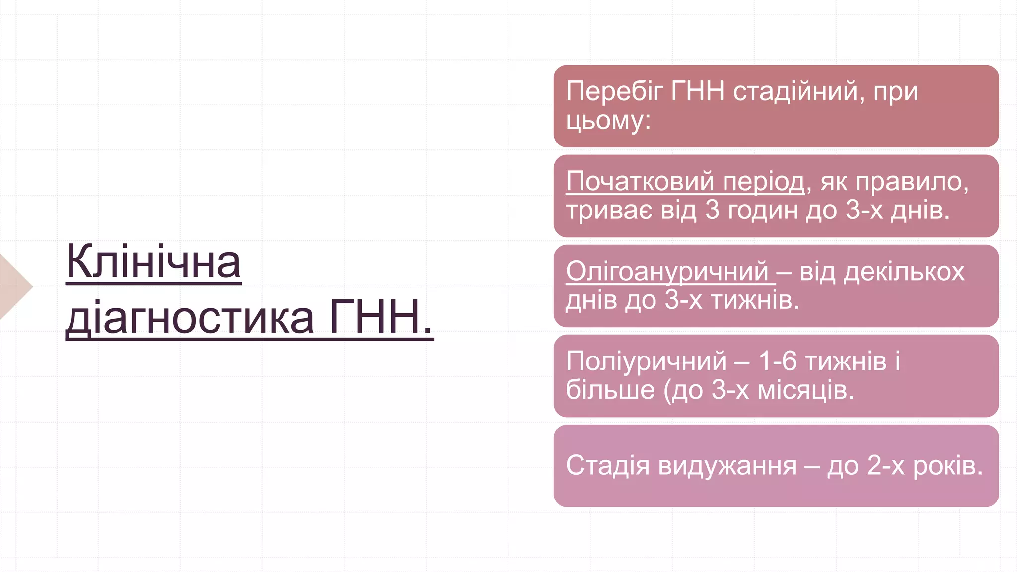 Клінічна
діагностика ГНН.
Перебіг ГНН стадійний, при
цьому:
Початковий період, як правило,
триває від 3 годин до 3-х днів.
Олігоануричний – від декількох
днів до 3-х тижнів.
Поліуричний – 1-6 тижнів і
більше (до 3-х місяців.
Стадія видужання – до 2-х років.
 